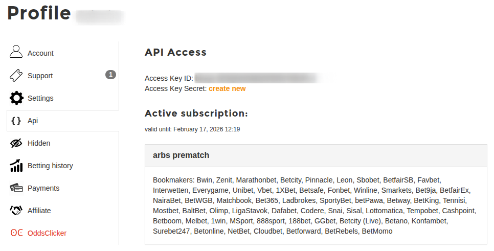 Chaves de acesso API no perfil