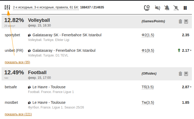 Интерфейс списка вилок