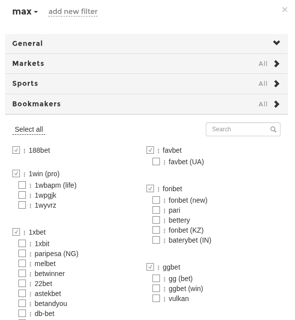 Section Bookmakers du filtre
