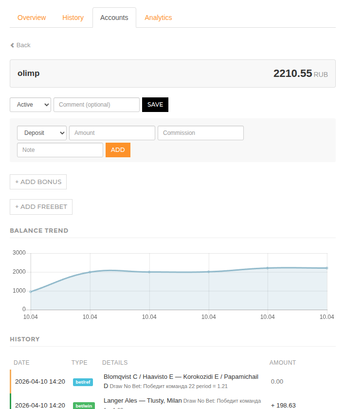 Single account page with current balance, operations form, deposit and withdrawal examples