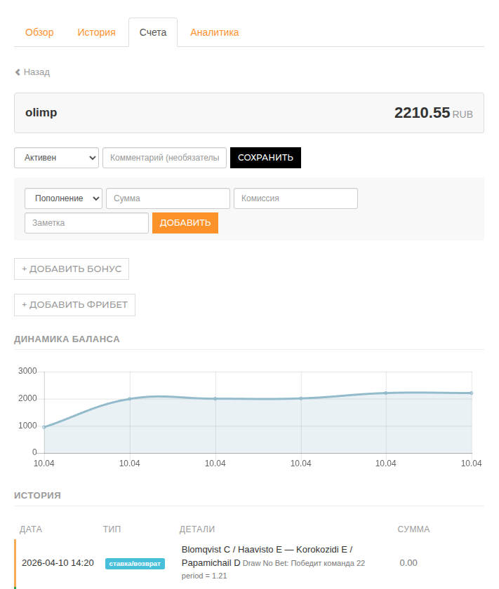 Single account page with current balance, operations form, deposit and withdrawal examples