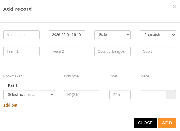 Manual bet form on the history page